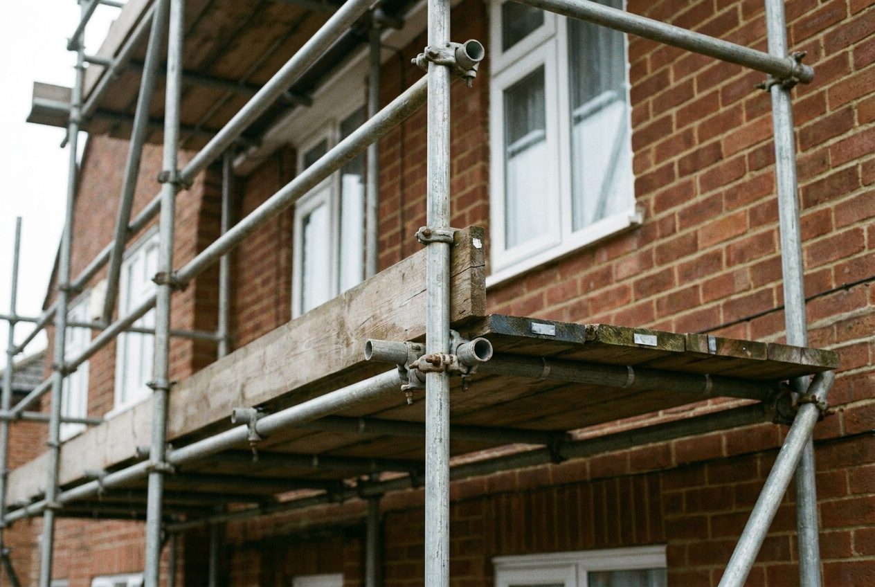 Galvanised steel tube-and-fitting scaffolding against the red brick front of a house, with couplers joining the tubes and timber boards laid at first-floor level beside a white window.